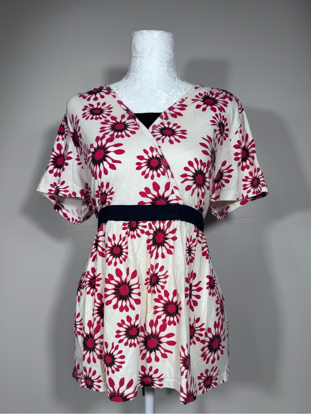 Bobbie Brooks Cream Mini Dress with Pink Floral Print and Black Waistband